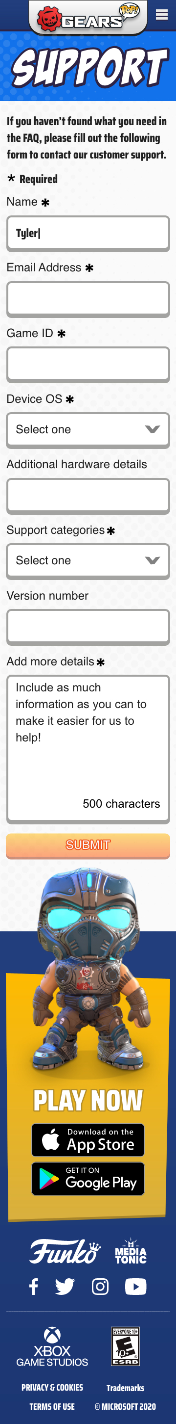  Gears POP! on mobile support form